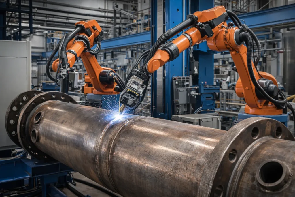 Robotic welding system fabricating a pressure vessel seam with precision control