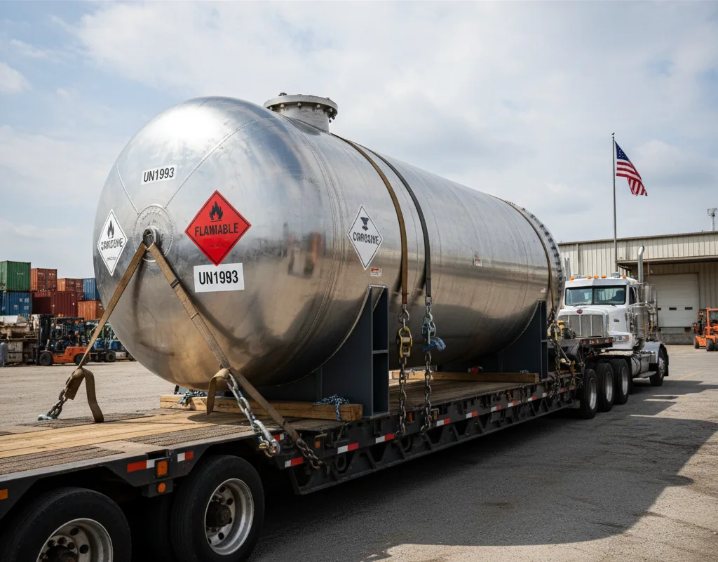 Stainless steel tanks and piping in a food processing facility.