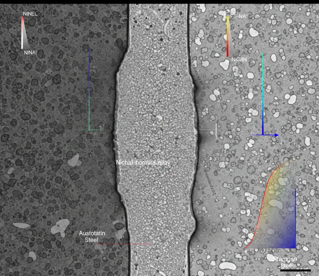 Cross-section of dissimilar metal weld joint in pressure vessel showing transition zone between stainless steel and carbon steel