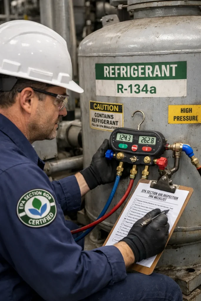 Certified HVAC technician inspecting a refrigerant pressure vessel for EPA Section 608 compliance