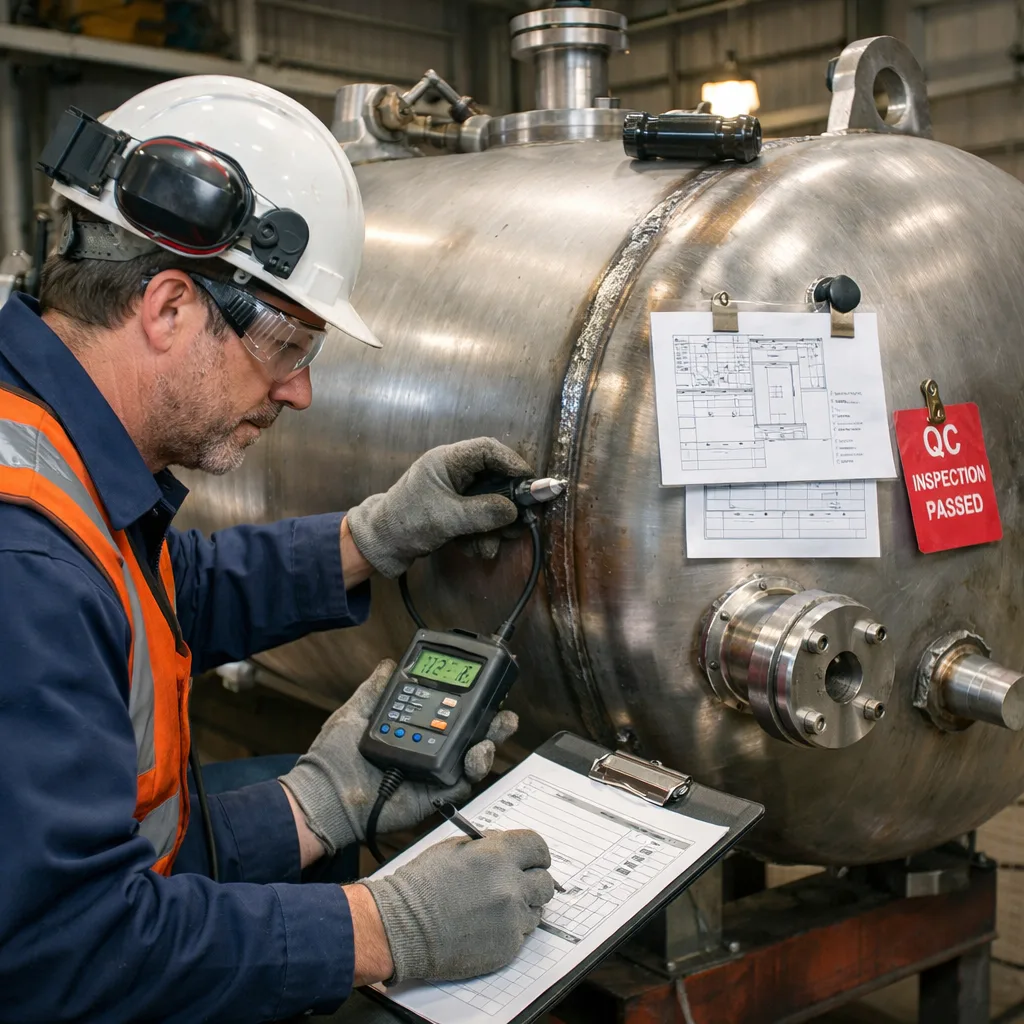 Technician inspecting welds during OEM pressure vessel manufacturing