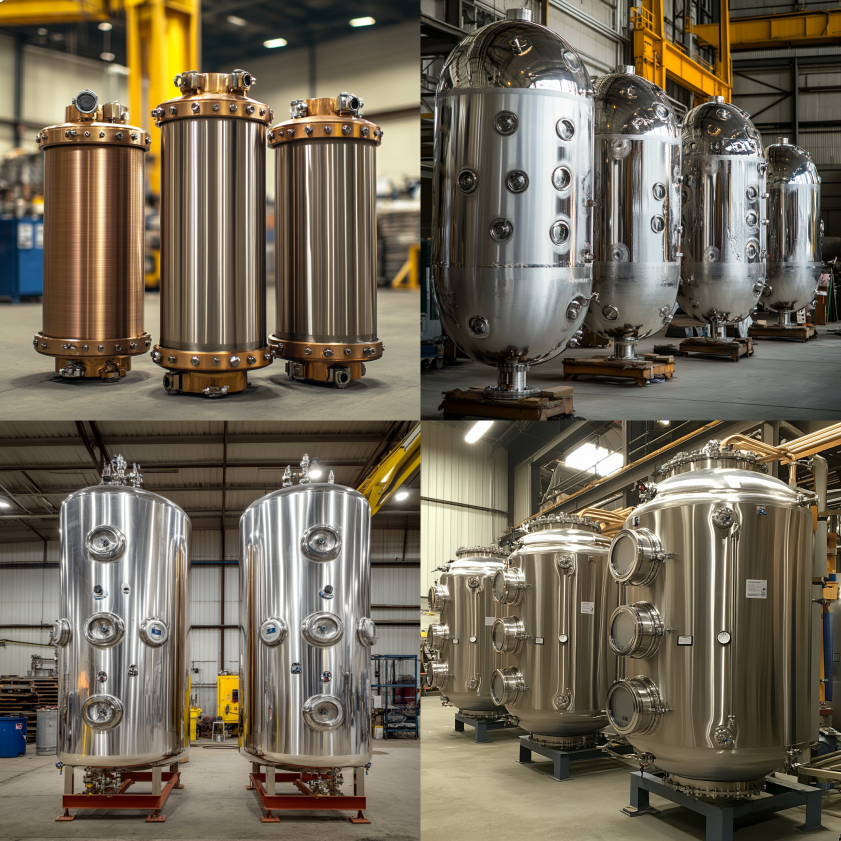 Side-by-side comparison of fiberglass and stainless steel pressure vessels in an industrial setting