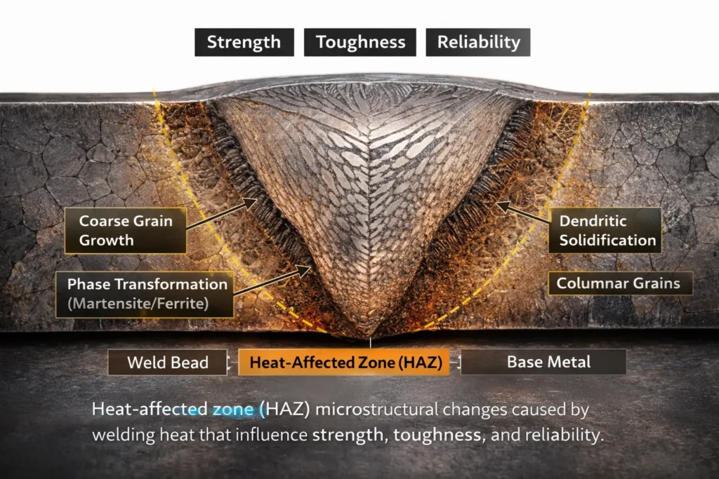 Colored thermal gradient showing heat-affected zone in a welded steel jointsel