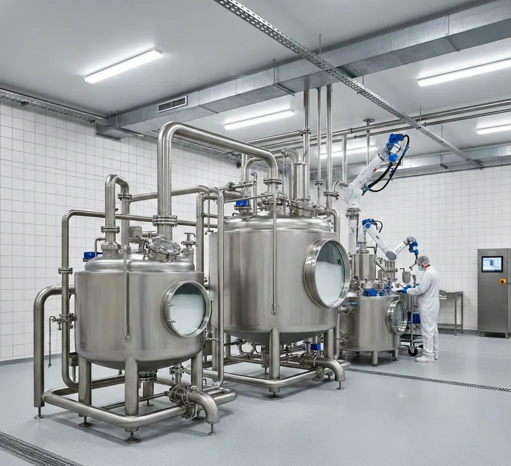 Stainless steel tanks and piping in a food processing facility.