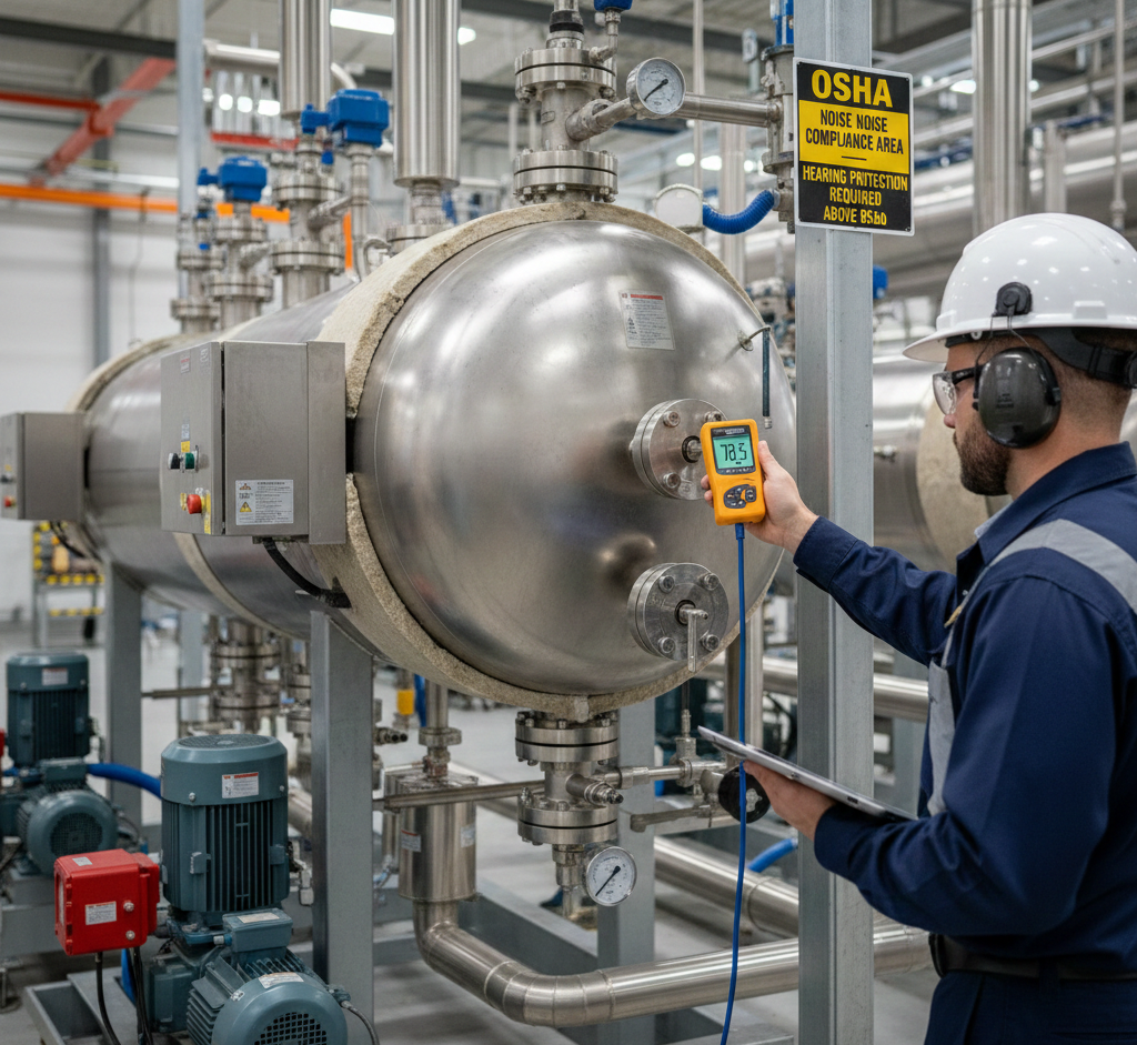 Technician testing industrial pressure vessel noise levels.