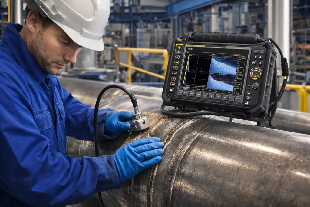 Technician performing ultrasonic NDT inspection on industrial welded joint