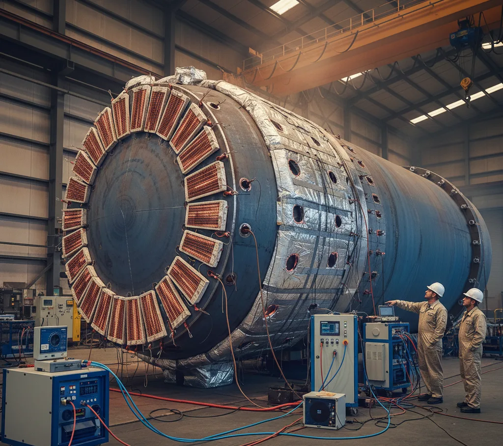 Industrial pressure vessel undergoing post-weld heat treatment with temperature monitoring equipment