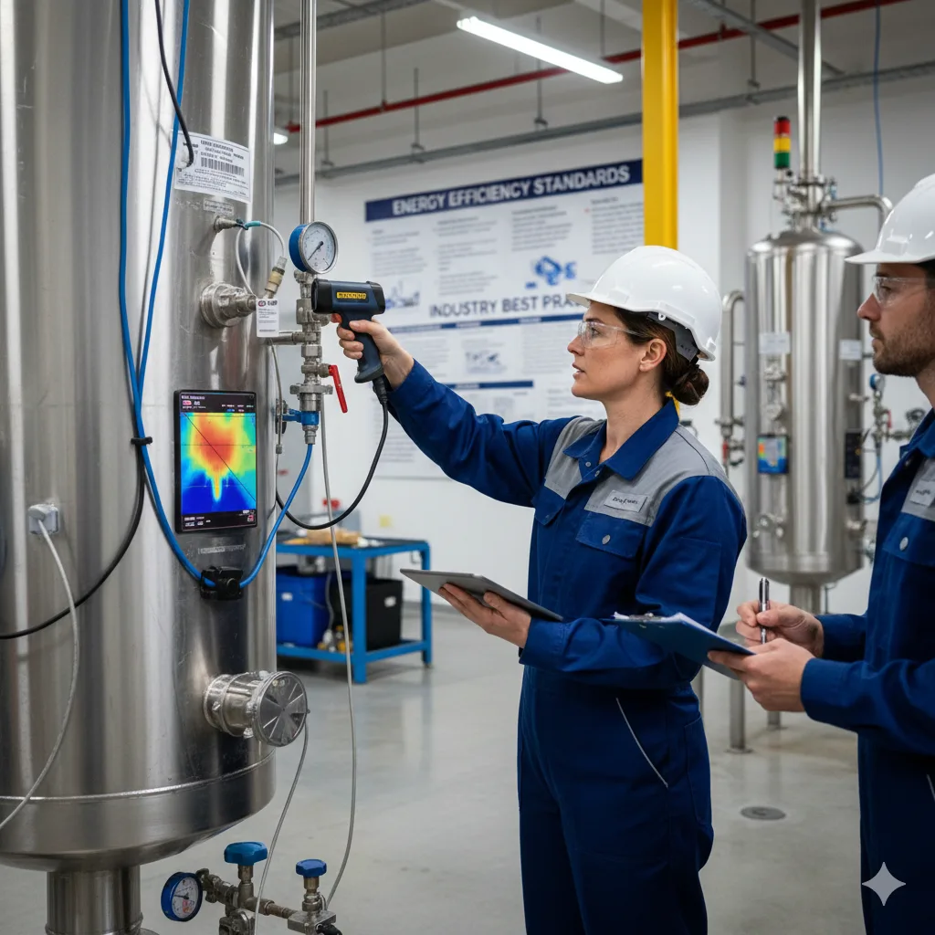 Technician inspecting pressure vessel for energy efficiency compliance.