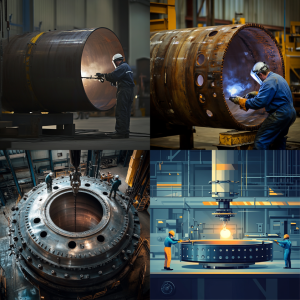 Diagram showing pressure vessel fabrication steps including plate forming, welding, radiographic testing, and hydrostatic testing.