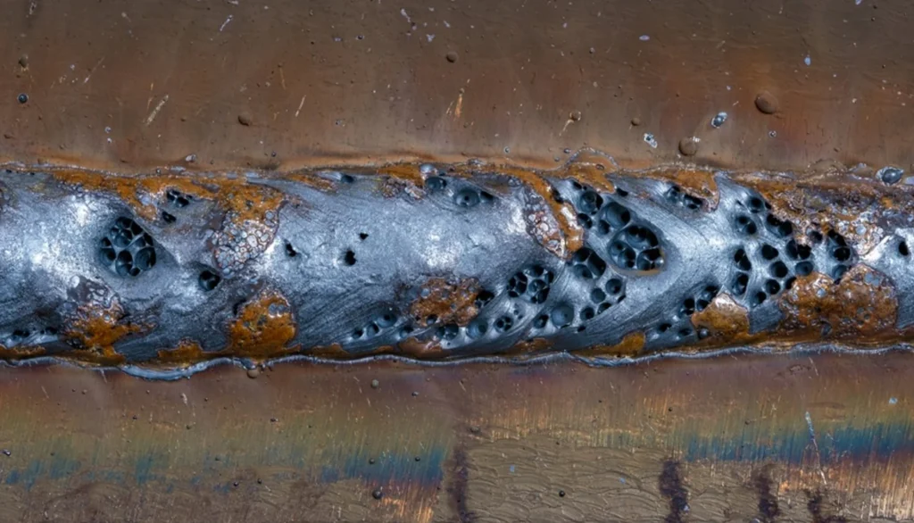 Failed pressure vessel weld showing crack propagation and material fatigue