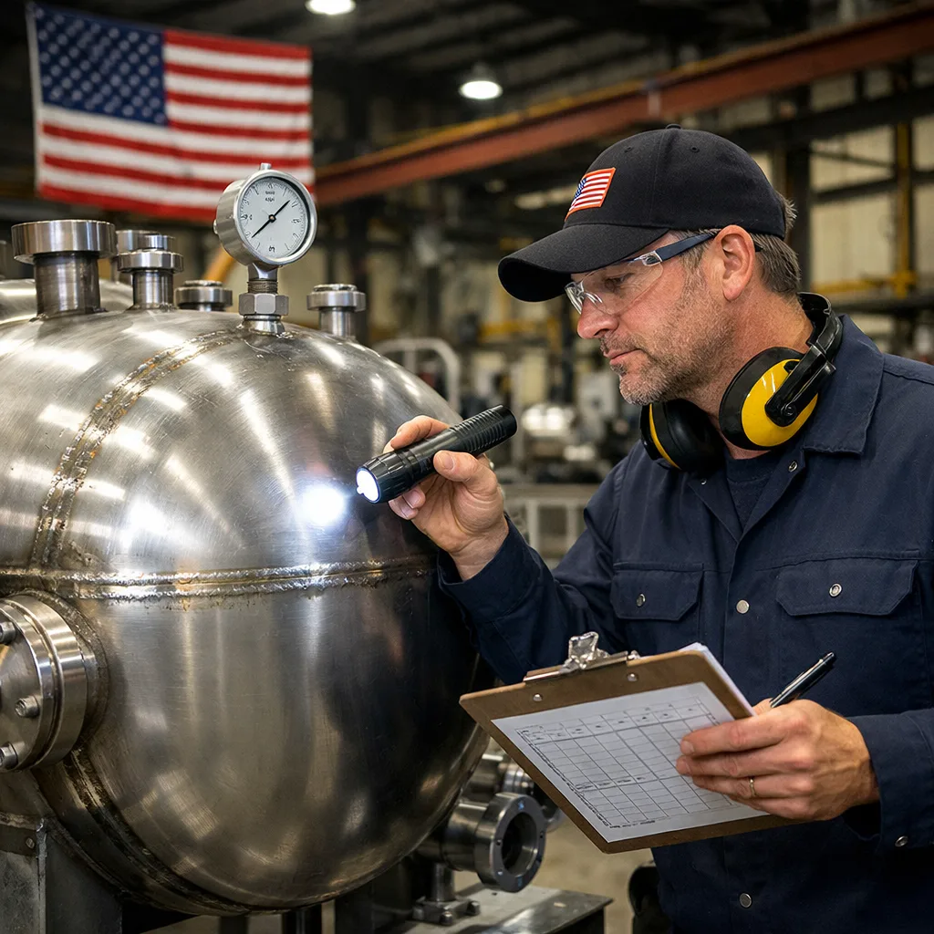 American manufacturing technician inspecting a pressure vessel weld