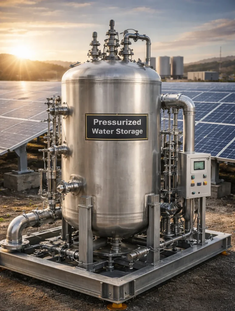 Pressurized water storage tank connected to a microgrid system