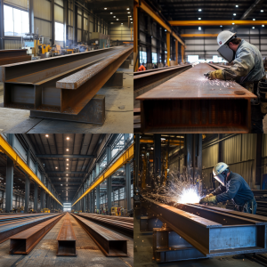 Illustration of structural steel fabrication including cutting, bending, drilling, and welding of steel beams with quality control inspections. 