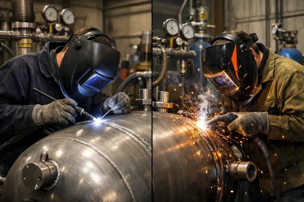 Comparison of TIG and MIG welding techniques used to fabricate a large industrial pressure vessel, showing precision TIG welding and high-speed MIG welding in a manufacturing setting.
