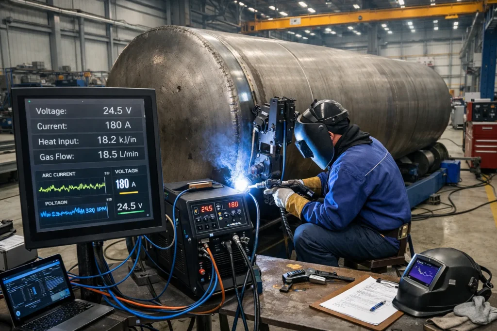 Digital welding system with real-time monitoring being used to fabricate a pressure vessel, showing live welding parameters and quality control data on a display screen.