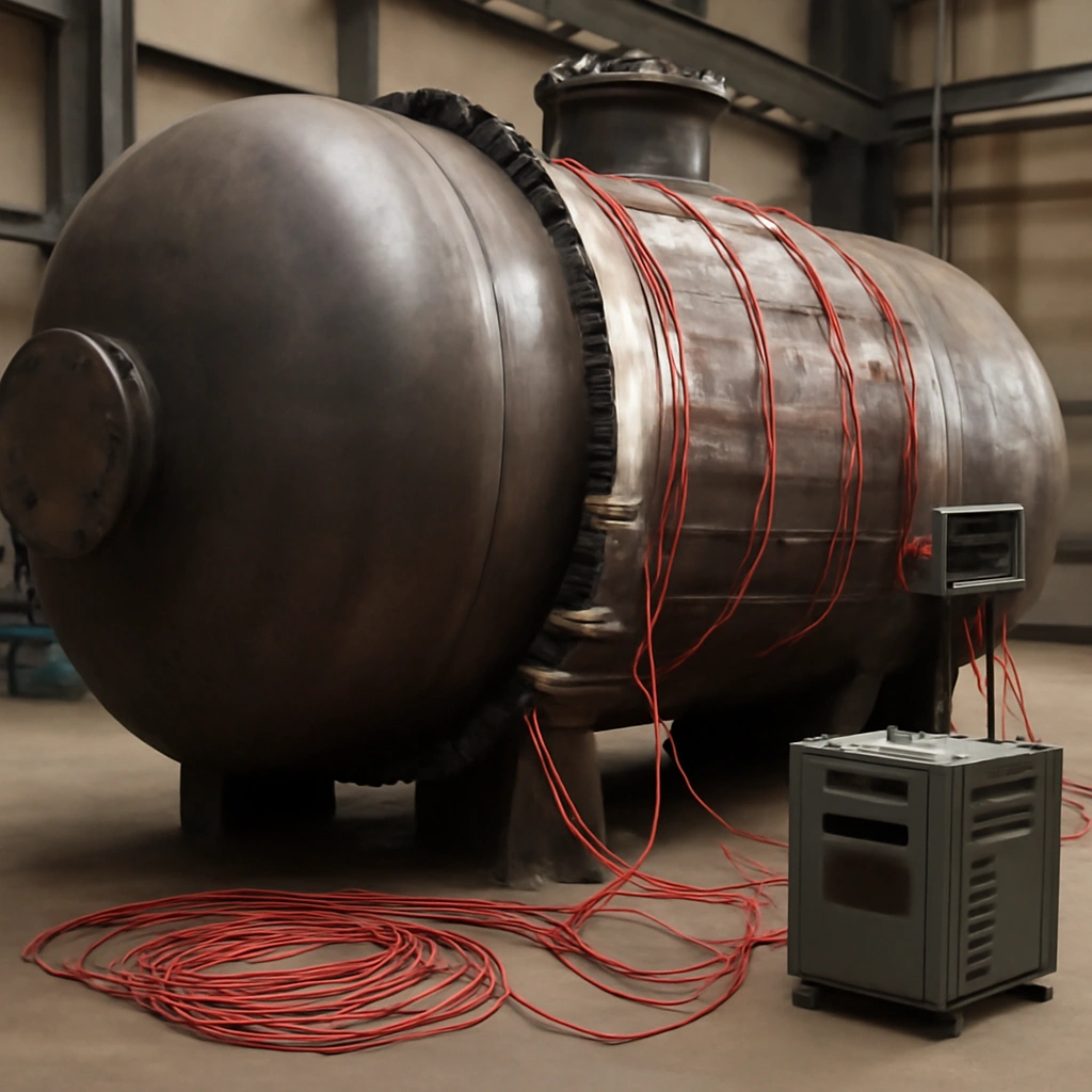 Industrial pressure vessel undergoing post-weld heat treatment with temperature monitoring equipment