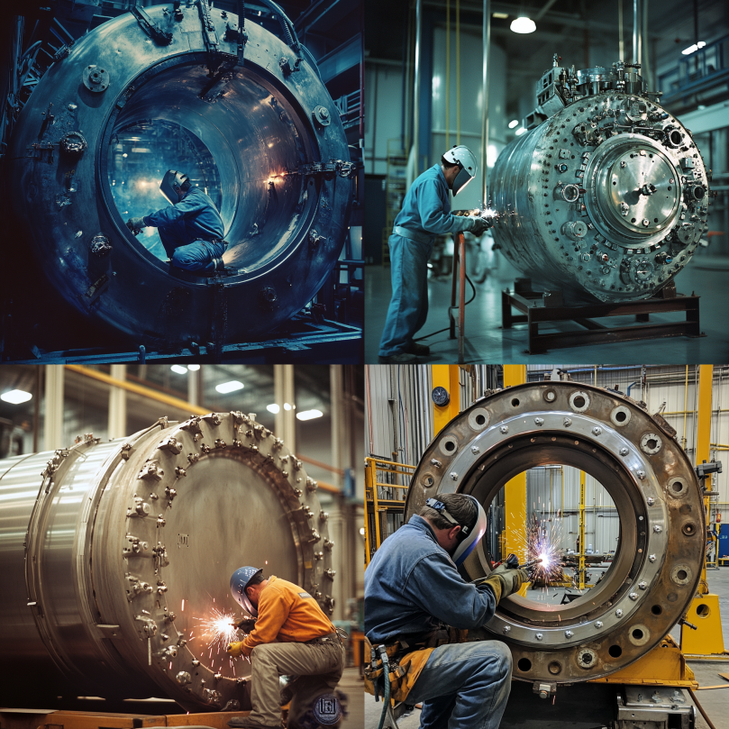Welder working on a pressure vessel in an American fabrication shop