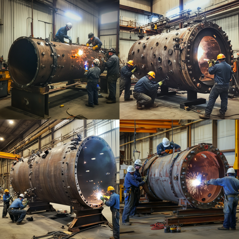 Technicians fabricating a custom pressure vessel in an American facility