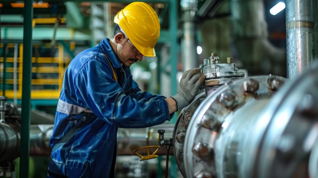 Technician aligning pressure vessel and piping in OEM equipment