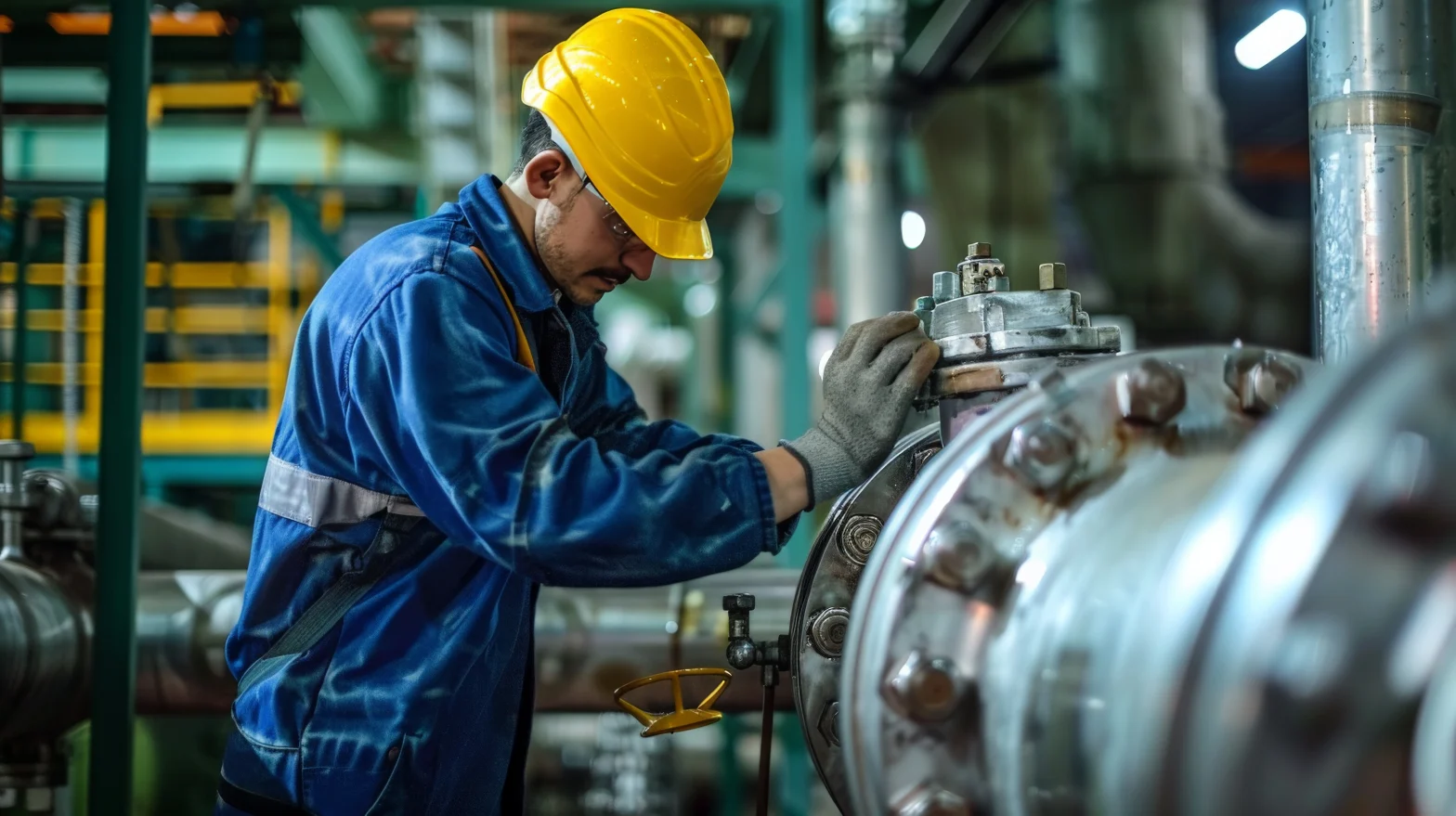 Technician aligning pressure vessel and piping in OEM equipment