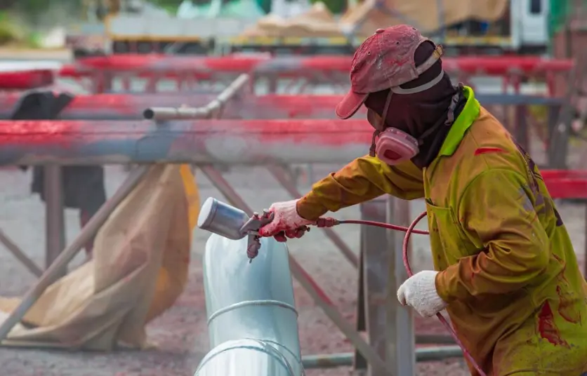 Technician performing dye penetrant inspection on a welded pressure vessel surface