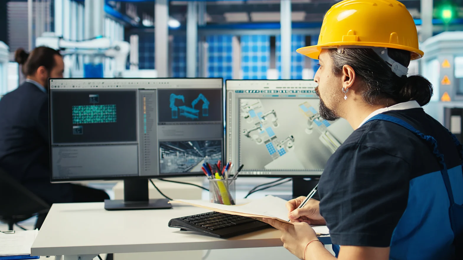 Welding technician monitoring SPC charts during operation