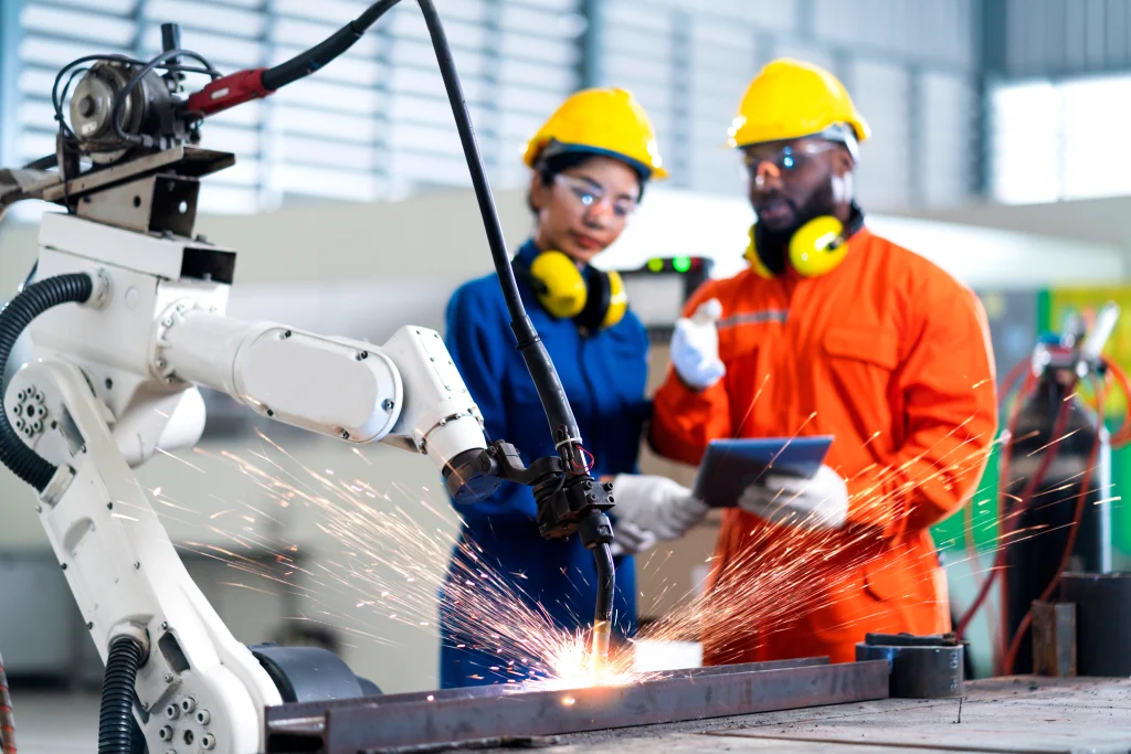 Robotic arm welding a pressure vessel in a U.S. manufacturing plant