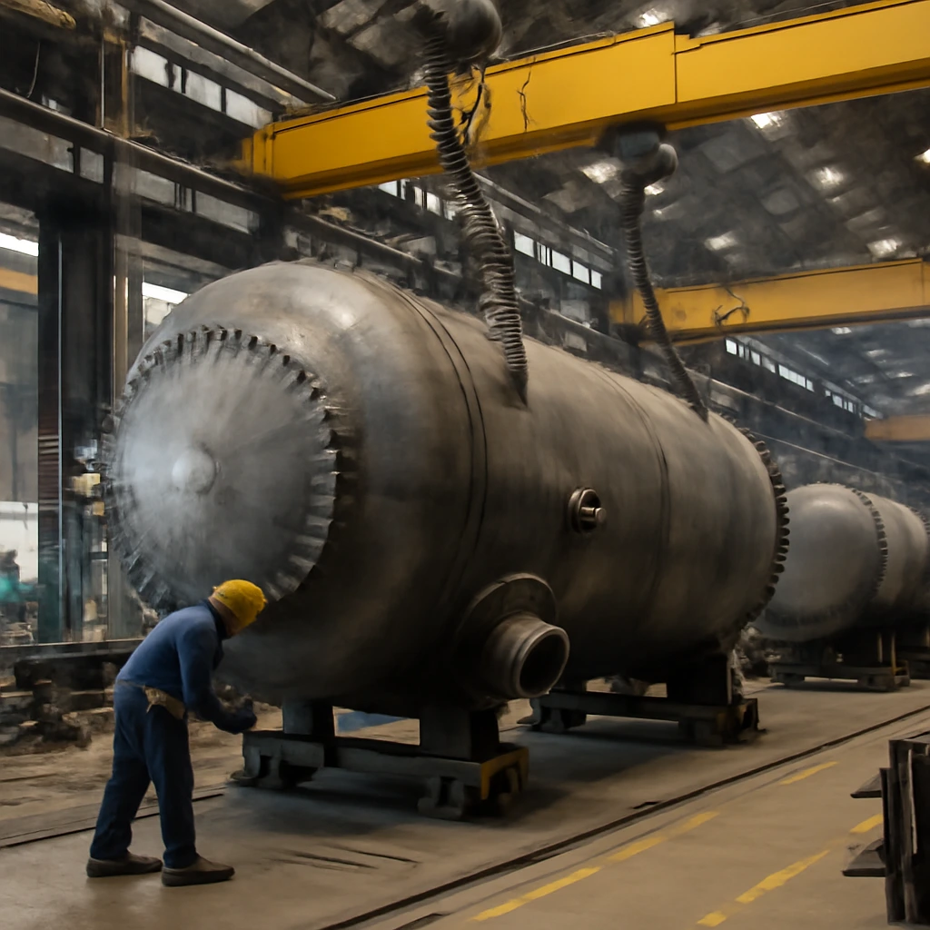 Industrial pressure vessels in fabrication at a U.S. manufacturing facility