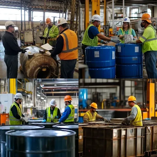 Technicians handling labeled hazardous waste containers in a pressure vessel fabrication facility.