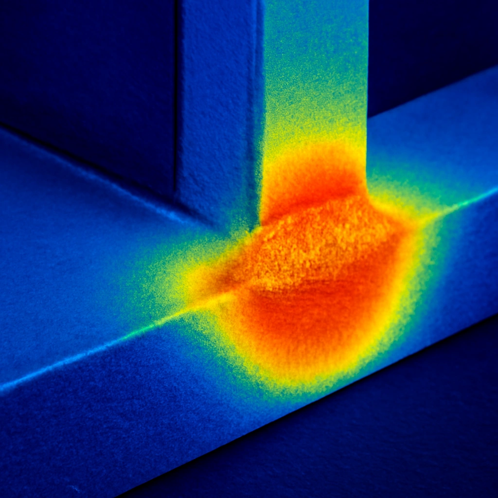 Colored thermal gradient showing heat-affected zone in a welded steel joint