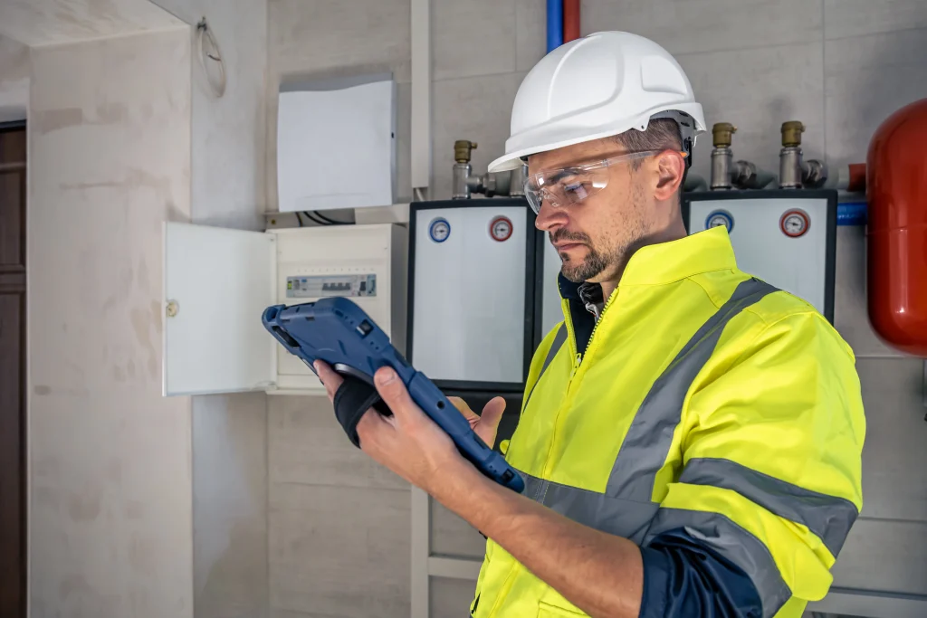 Technician inspecting pressure vessel for energy efficiency compliance