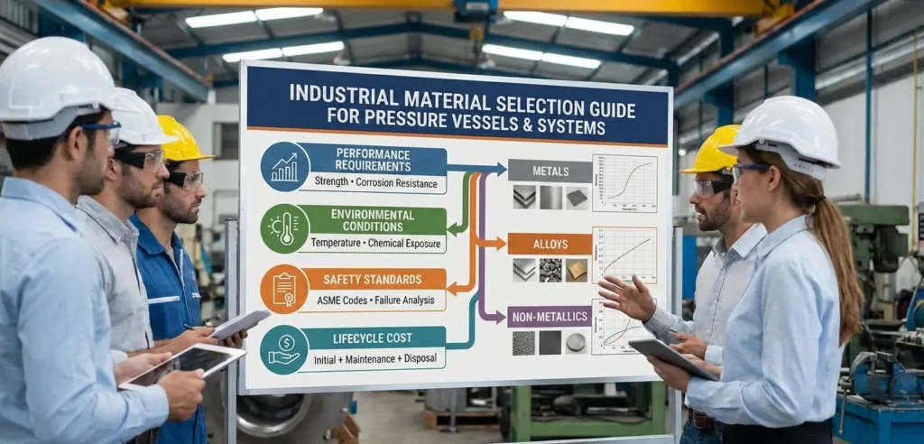 Material selection guide showing industrial materials like carbon steel, stainless steel, and specialty alloys used for high-temperature, high-pressure, and corrosion-resistant applications.