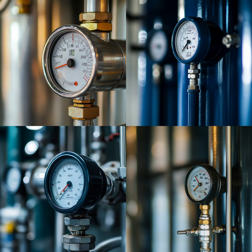 Pressure gauge on a water storage vessel showing ideal pressure for optimal performance.