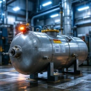 Industrial pressure vessel with OSHA safety compliance signage and inspection tag