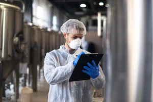 Engineer inspecting material test reports for pressure vessel steel plate