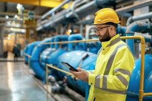Quality inspector reviewing pressure vessel documentation and weld quality