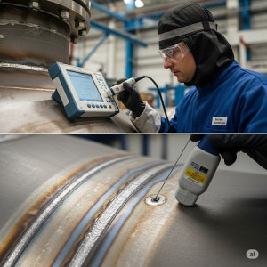 Inspector performing vessel weld quality inspection on pressure vessel seam using ultrasonic testing equipment 