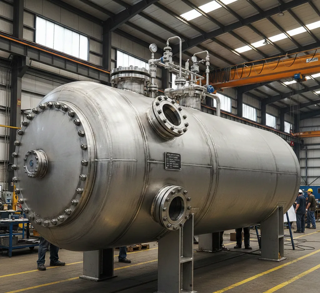 Industrial steel pressure vessel with ASME certification stamps, showing welded seams and flanges in a factory setting