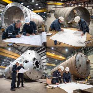Pressure vessel engineers reviewing ASME code-compliant designs in fabrication shop