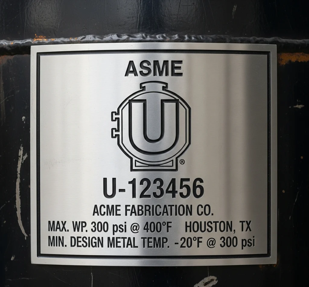 ASME U stamp certification marking on industrial pressure vessel nameplate showing code compliance