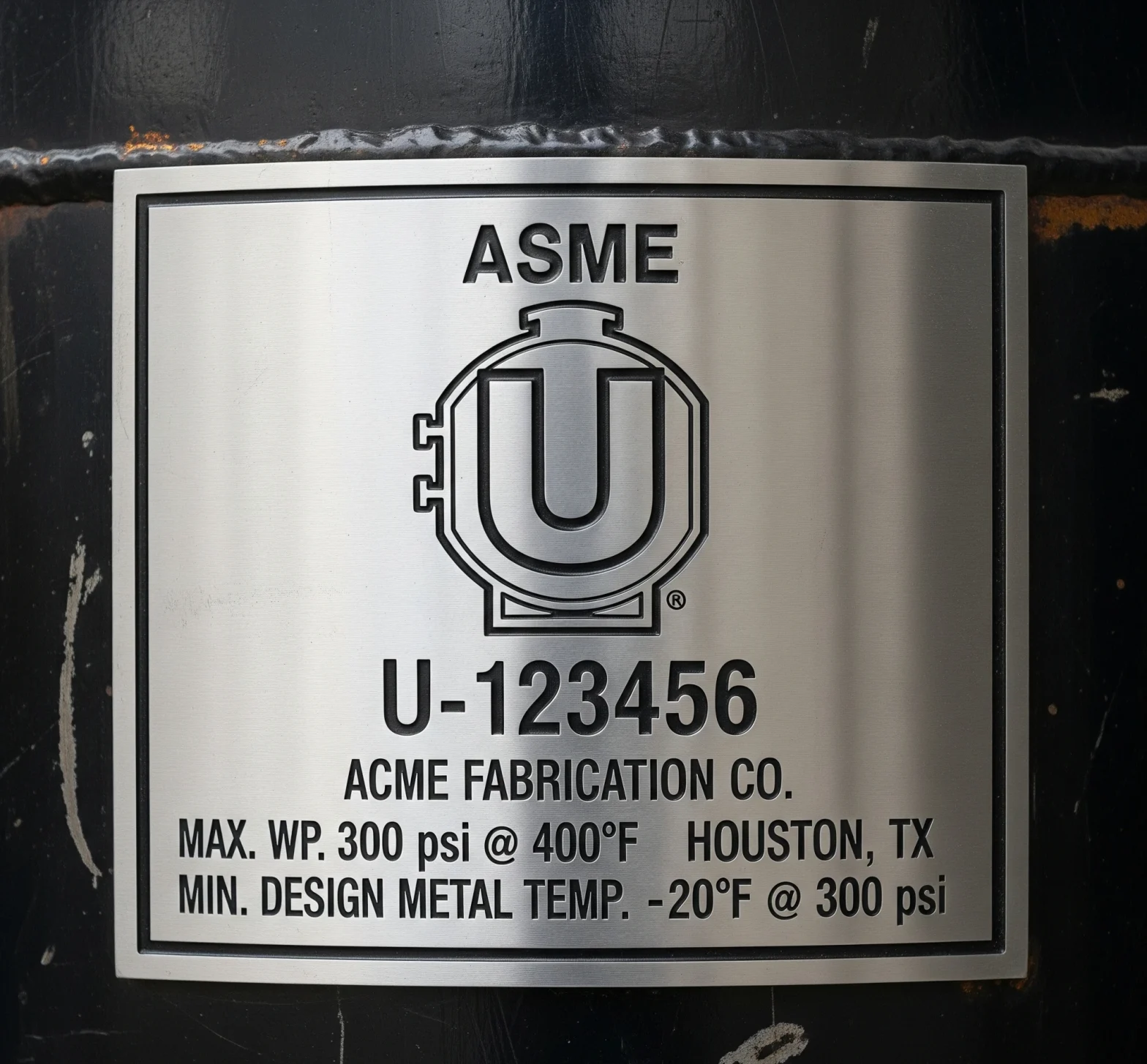 ASME U stamp certification marking on industrial pressure vessel nameplate showing code compliance