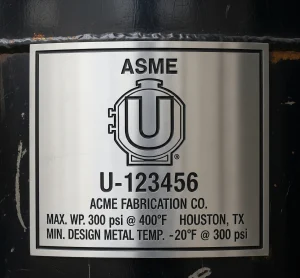 ASME U stamp certification marking on industrial pressure vessel nameplate showing code compliance