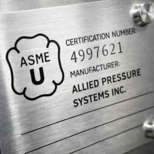 ASME U stamp certification marking on industrial pressure vessel nameplate showing code compliance