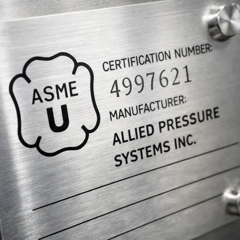 ASME U stamp certification marking on industrial pressure vessel nameplate showing code compliance