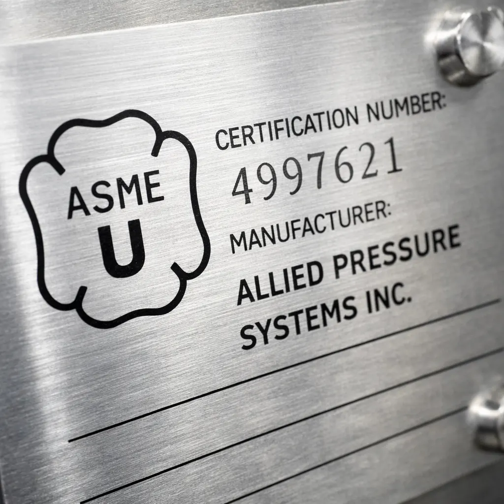 ASME U stamp certification marking on industrial pressure vessel nameplate showing code compliance