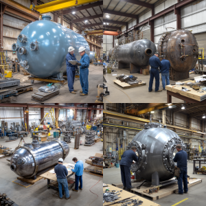 Engineer reviewing design plans at an ASME pressure vessel manufacturer facility