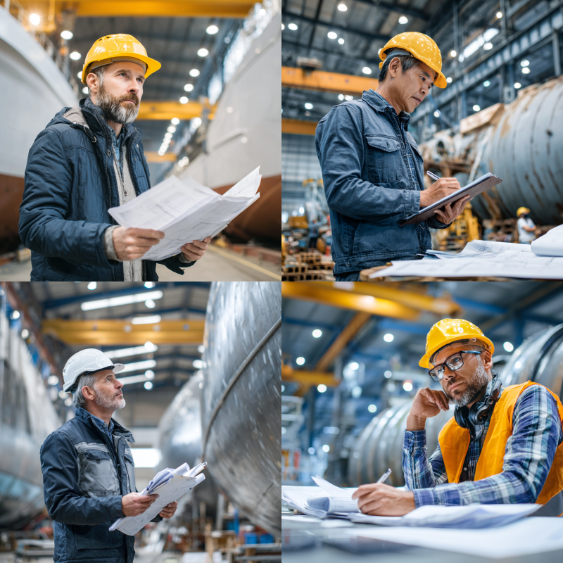 Engineer reviewing design plans to find the right vessel manufacturer