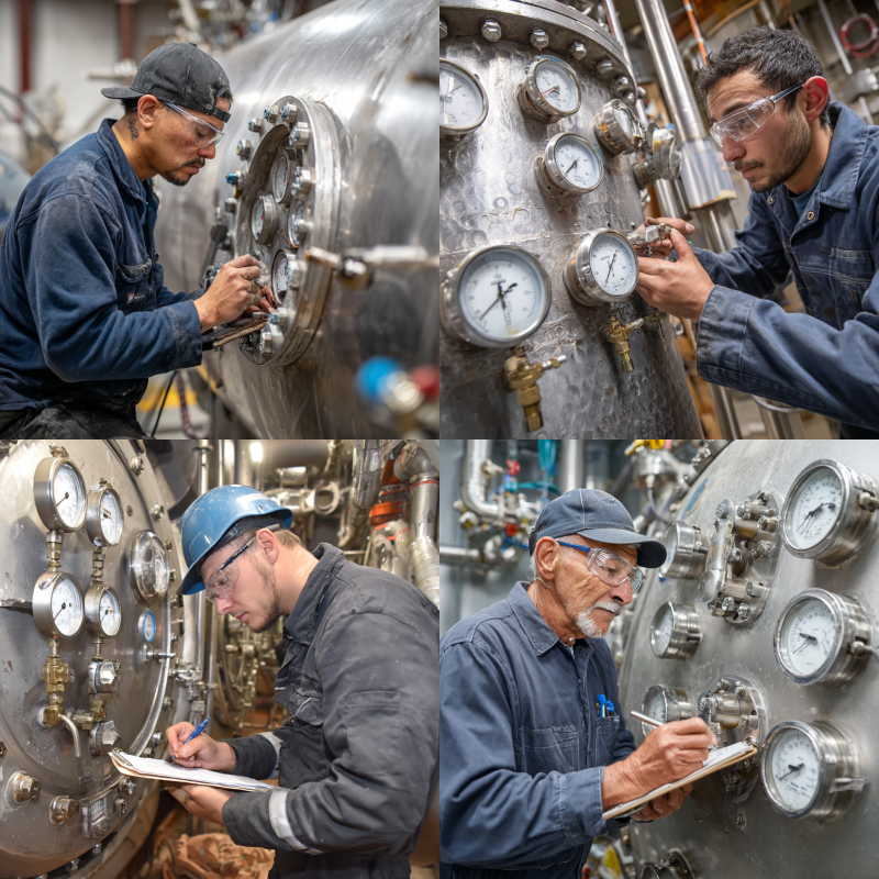 Technician performing routine maintenance on a pressure vessel