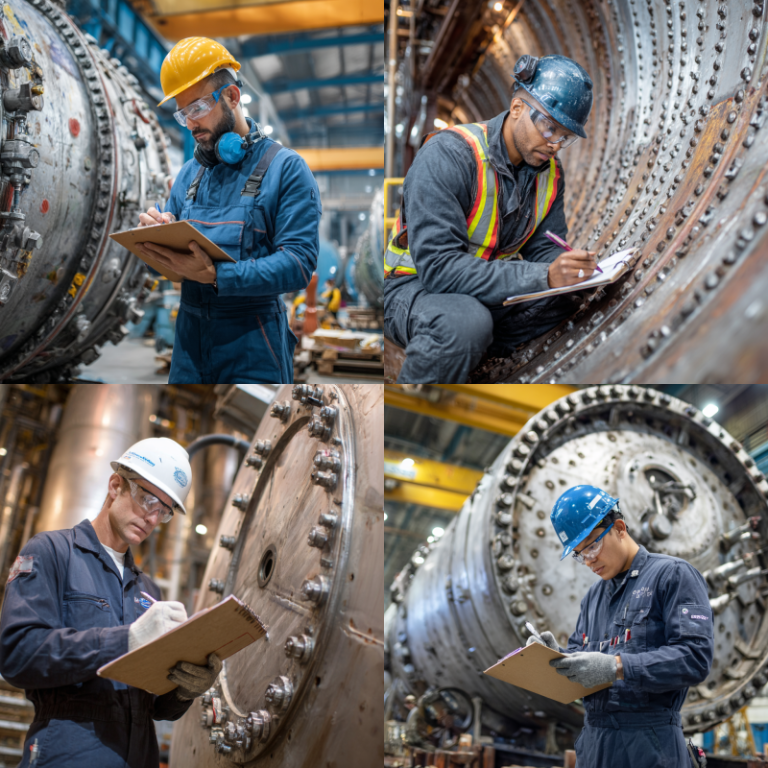 Engineer inspecting pressure vessel material for compliance