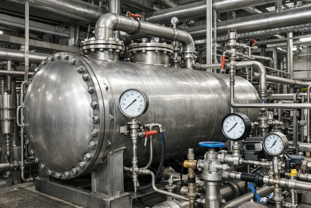 Cylindrical pressure vessel with pipes and gauges in an industrial setting